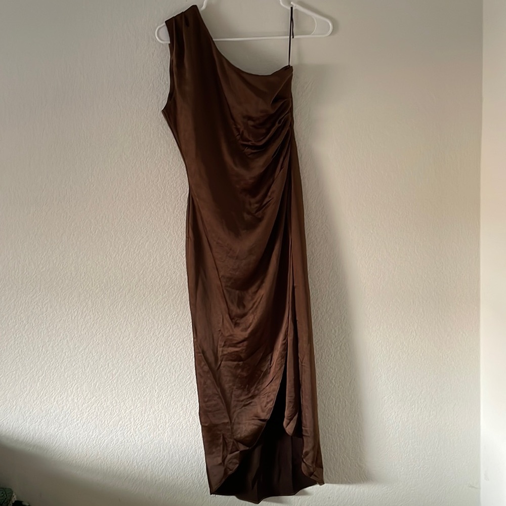 One shoulder brown satin dress